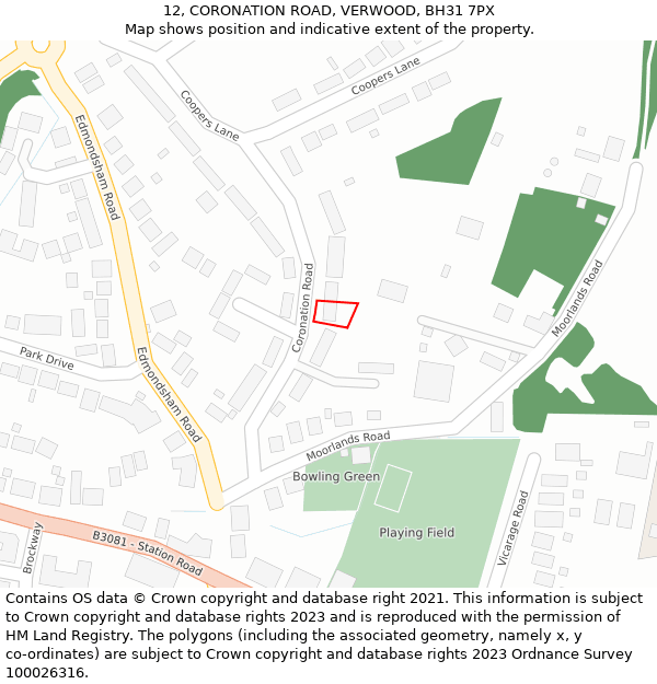 12, CORONATION ROAD, VERWOOD, BH31 7PX: Location map and indicative extent of plot