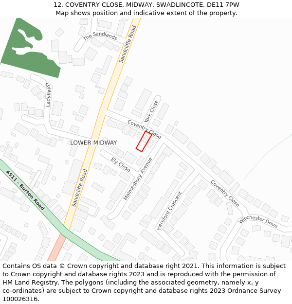 12, COVENTRY CLOSE, MIDWAY, SWADLINCOTE, DE11 7PW: Location map and indicative extent of plot