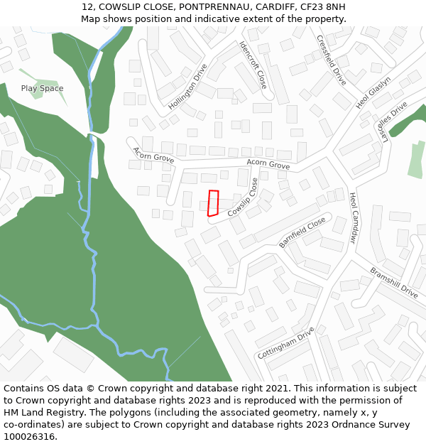 12, COWSLIP CLOSE, PONTPRENNAU, CARDIFF, CF23 8NH: Location map and indicative extent of plot