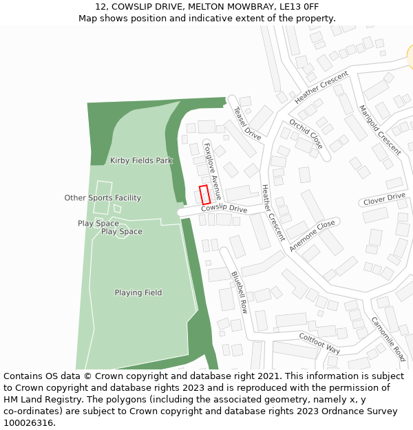 12, COWSLIP DRIVE, MELTON MOWBRAY, LE13 0FF: Location map and indicative extent of plot