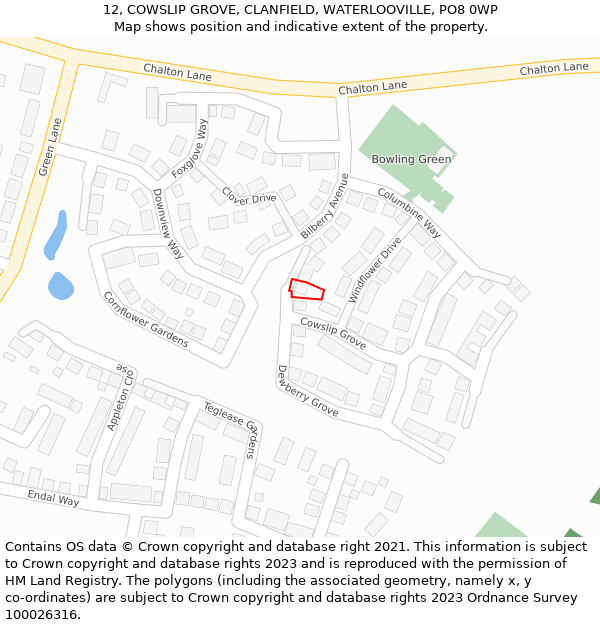 12, COWSLIP GROVE, CLANFIELD, WATERLOOVILLE, PO8 0WP: Location map and indicative extent of plot