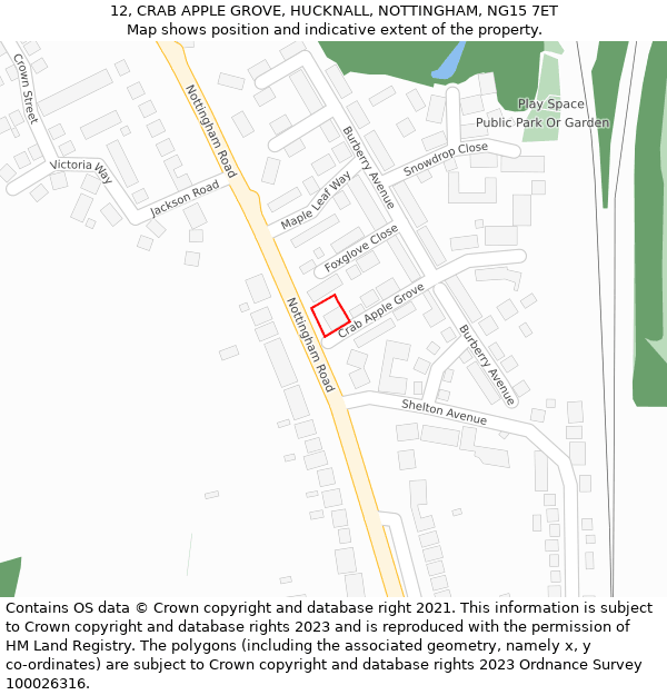 12, CRAB APPLE GROVE, HUCKNALL, NOTTINGHAM, NG15 7ET: Location map and indicative extent of plot