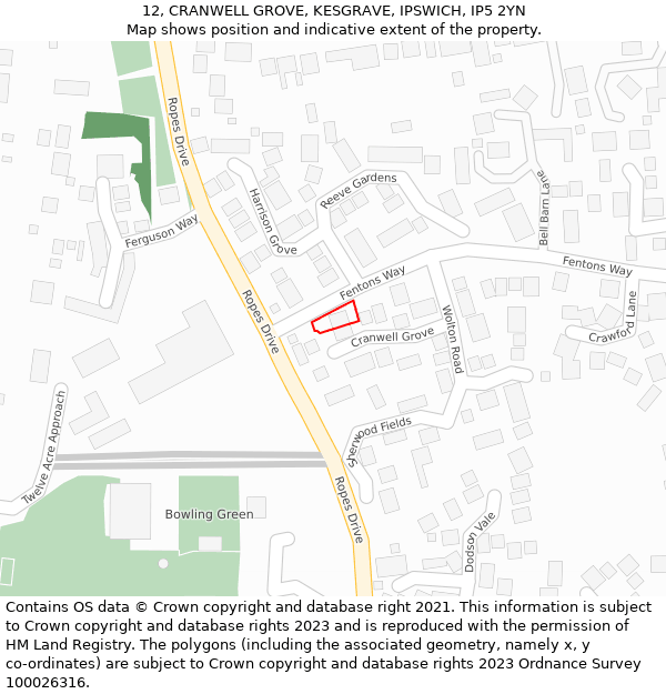 12, CRANWELL GROVE, KESGRAVE, IPSWICH, IP5 2YN: Location map and indicative extent of plot