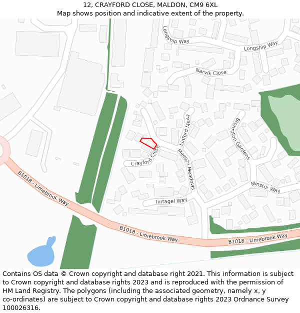 12, CRAYFORD CLOSE, MALDON, CM9 6XL: Location map and indicative extent of plot