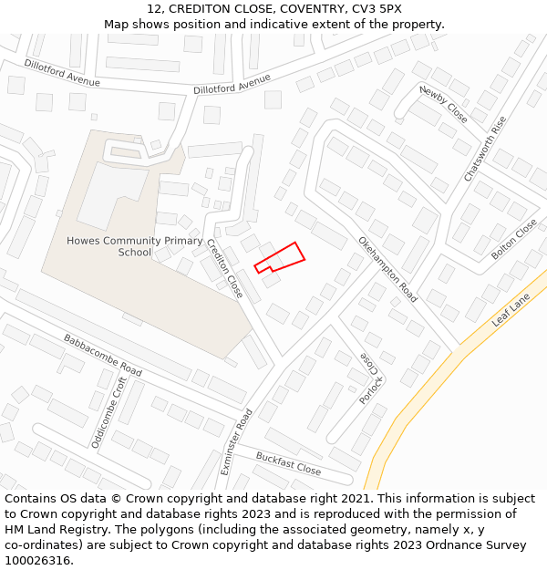 12, CREDITON CLOSE, COVENTRY, CV3 5PX: Location map and indicative extent of plot