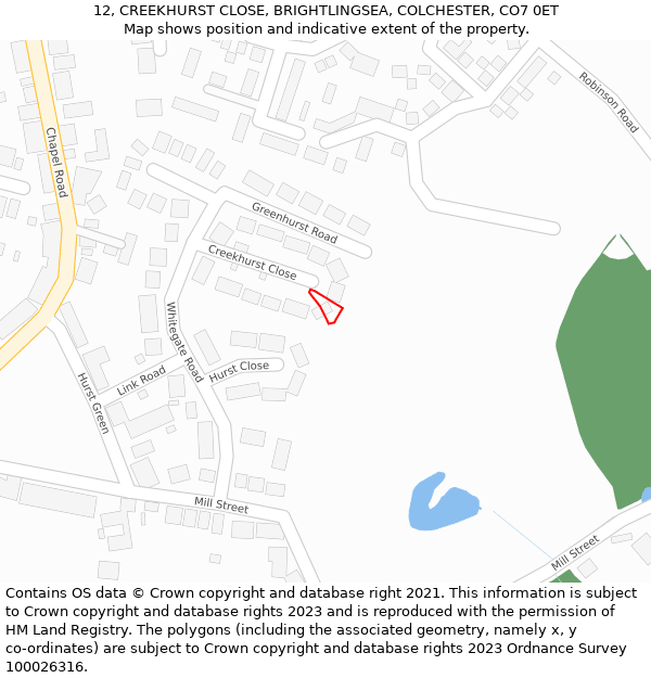 12, CREEKHURST CLOSE, BRIGHTLINGSEA, COLCHESTER, CO7 0ET: Location map and indicative extent of plot