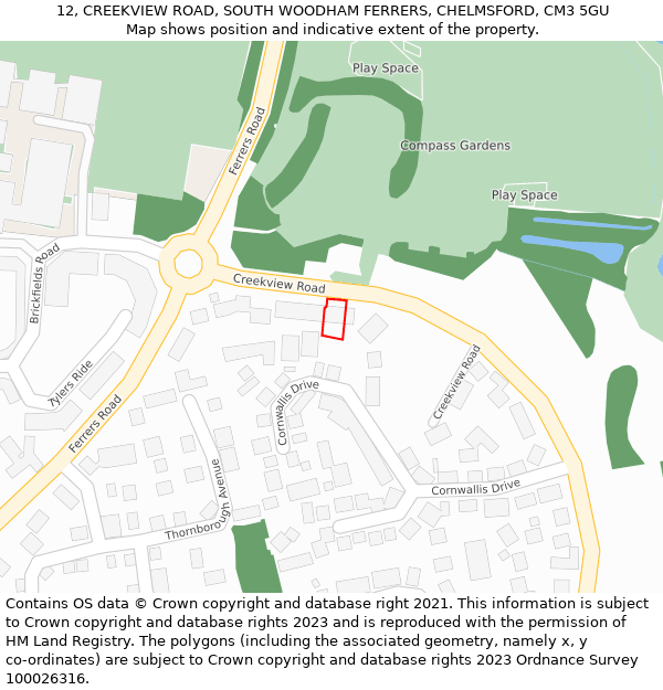 12, CREEKVIEW ROAD, SOUTH WOODHAM FERRERS, CHELMSFORD, CM3 5GU: Location map and indicative extent of plot