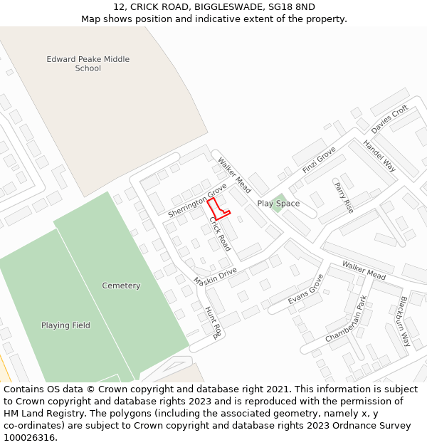 12, CRICK ROAD, BIGGLESWADE, SG18 8ND: Location map and indicative extent of plot