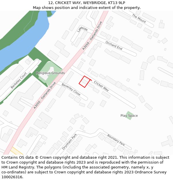 12, CRICKET WAY, WEYBRIDGE, KT13 9LP: Location map and indicative extent of plot