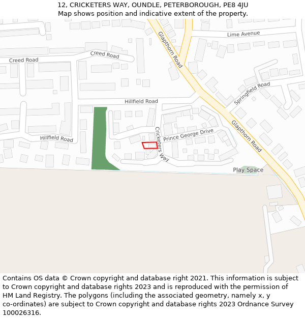 12, CRICKETERS WAY, OUNDLE, PETERBOROUGH, PE8 4JU: Location map and indicative extent of plot