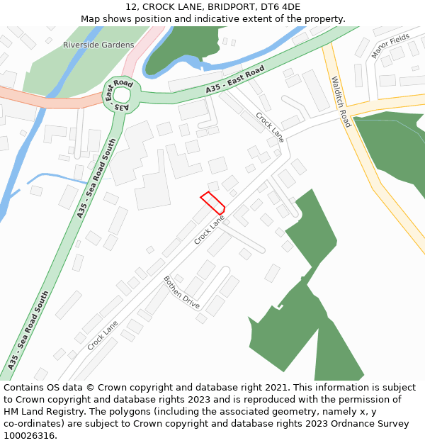 12, CROCK LANE, BRIDPORT, DT6 4DE: Location map and indicative extent of plot