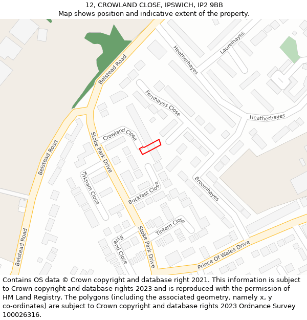 12, CROWLAND CLOSE, IPSWICH, IP2 9BB: Location map and indicative extent of plot