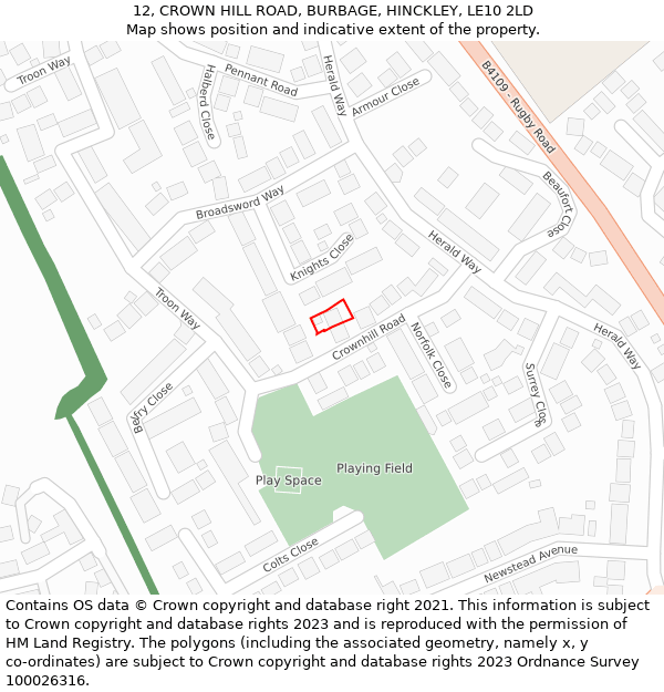 12, CROWN HILL ROAD, BURBAGE, HINCKLEY, LE10 2LD: Location map and indicative extent of plot