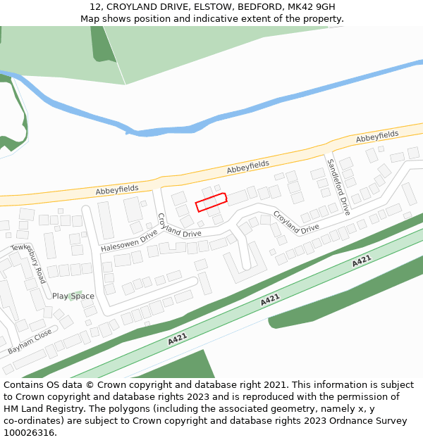 12, CROYLAND DRIVE, ELSTOW, BEDFORD, MK42 9GH: Location map and indicative extent of plot