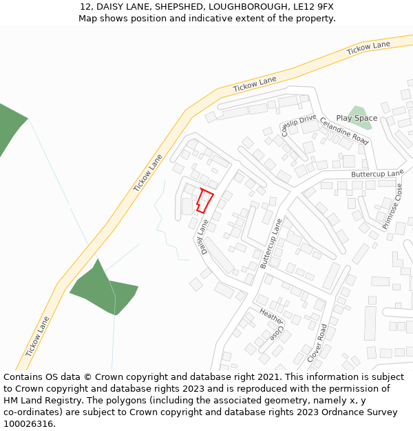 12, DAISY LANE, SHEPSHED, LOUGHBOROUGH, LE12 9FX: Location map and indicative extent of plot