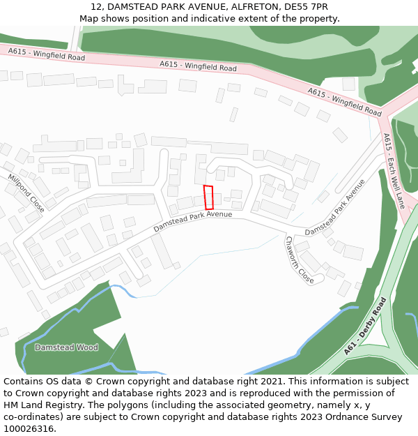 12, DAMSTEAD PARK AVENUE, ALFRETON, DE55 7PR: Location map and indicative extent of plot