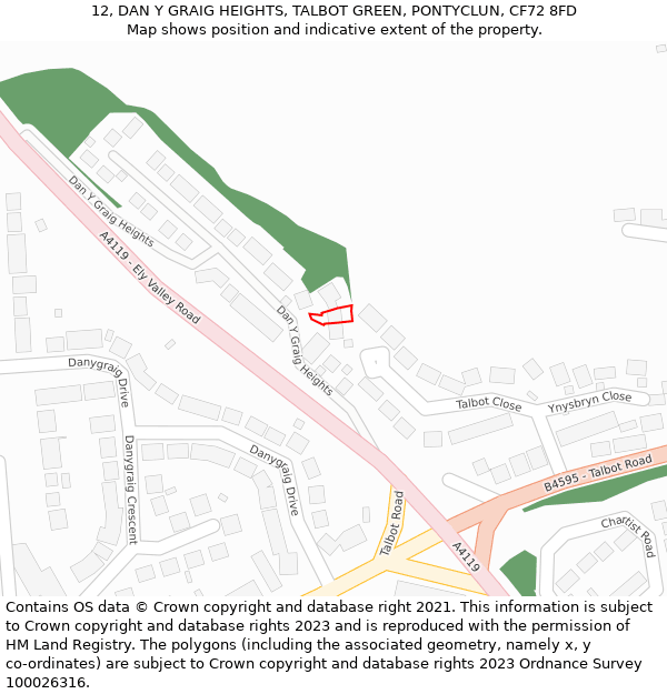 12, DAN Y GRAIG HEIGHTS, TALBOT GREEN, PONTYCLUN, CF72 8FD: Location map and indicative extent of plot