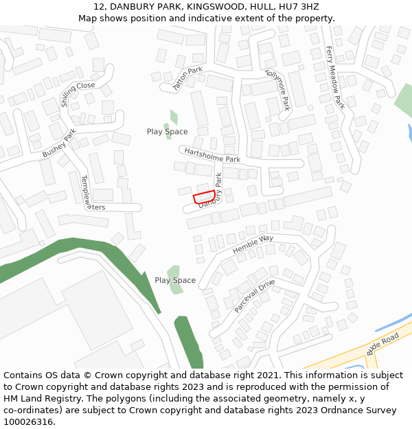 12, DANBURY PARK, KINGSWOOD, HULL, HU7 3HZ: Location map and indicative extent of plot