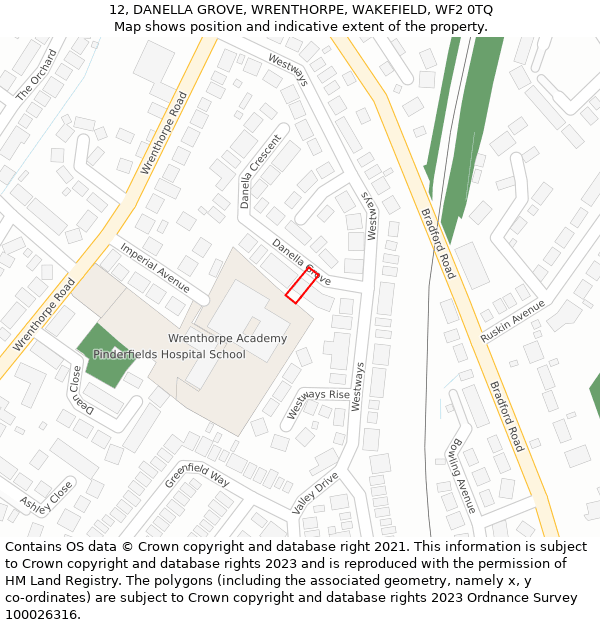 12, DANELLA GROVE, WRENTHORPE, WAKEFIELD, WF2 0TQ: Location map and indicative extent of plot