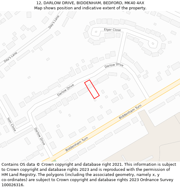 12, DARLOW DRIVE, BIDDENHAM, BEDFORD, MK40 4AX: Location map and indicative extent of plot