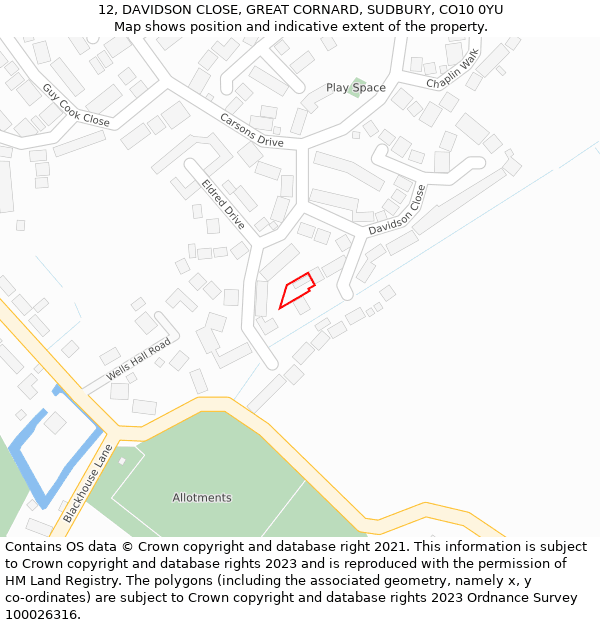 12, DAVIDSON CLOSE, GREAT CORNARD, SUDBURY, CO10 0YU: Location map and indicative extent of plot