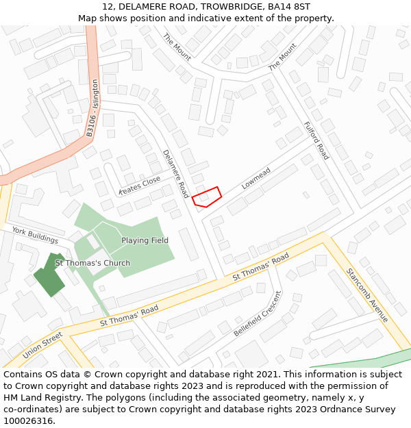 12, DELAMERE ROAD, TROWBRIDGE, BA14 8ST: Location map and indicative extent of plot