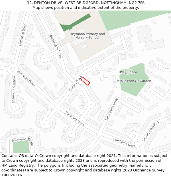 12, DENTON DRIVE, WEST BRIDGFORD, NOTTINGHAM, NG2 7FS: Location map and indicative extent of plot