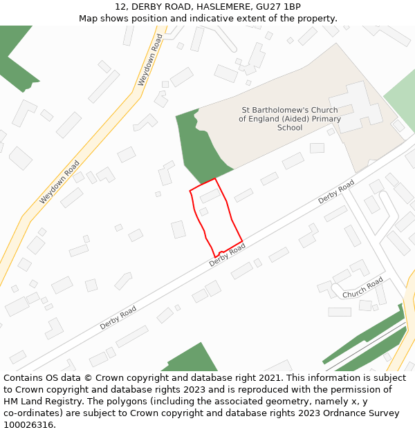 12, DERBY ROAD, HASLEMERE, GU27 1BP: Location map and indicative extent of plot