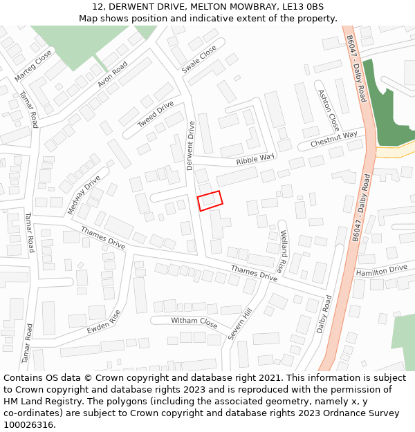 12, DERWENT DRIVE, MELTON MOWBRAY, LE13 0BS: Location map and indicative extent of plot