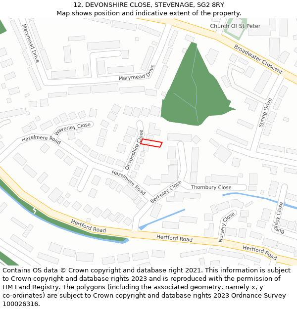 12, DEVONSHIRE CLOSE, STEVENAGE, SG2 8RY: Location map and indicative extent of plot