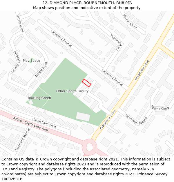 12, DIAMOND PLACE, BOURNEMOUTH, BH8 0FA: Location map and indicative extent of plot