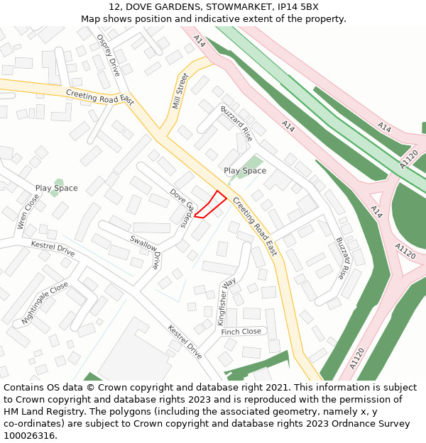 12, DOVE GARDENS, STOWMARKET, IP14 5BX: Location map and indicative extent of plot