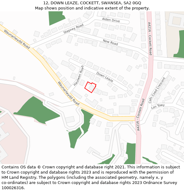 12, DOWN LEAZE, COCKETT, SWANSEA, SA2 0GQ: Location map and indicative extent of plot