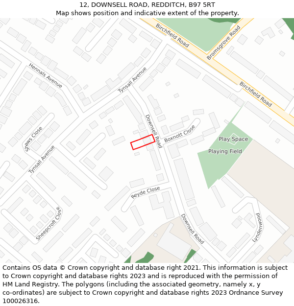 12, DOWNSELL ROAD, REDDITCH, B97 5RT: Location map and indicative extent of plot