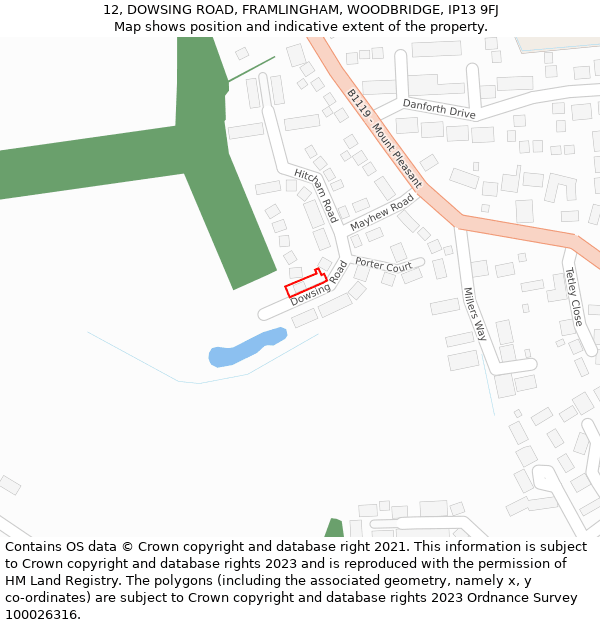12, DOWSING ROAD, FRAMLINGHAM, WOODBRIDGE, IP13 9FJ: Location map and indicative extent of plot