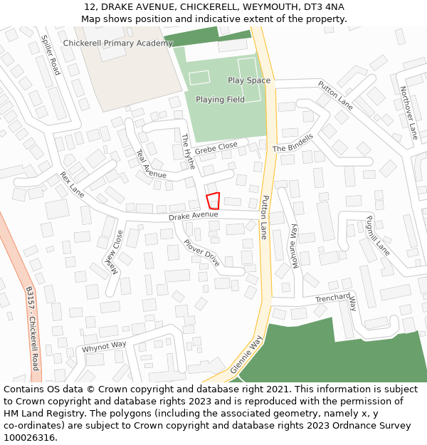 12, DRAKE AVENUE, CHICKERELL, WEYMOUTH, DT3 4NA: Location map and indicative extent of plot