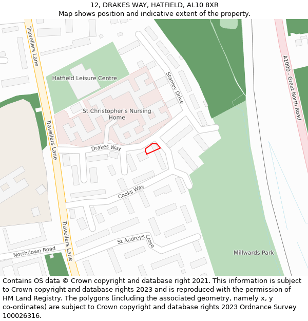 12, DRAKES WAY, HATFIELD, AL10 8XR: Location map and indicative extent of plot