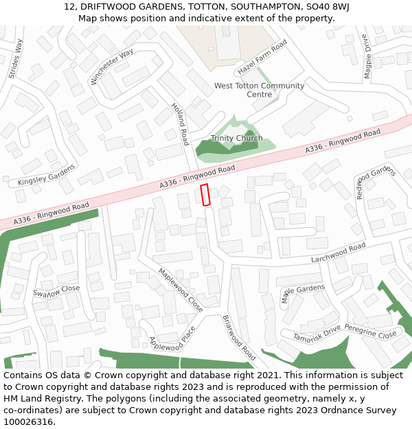 12, DRIFTWOOD GARDENS, TOTTON, SOUTHAMPTON, SO40 8WJ: Location map and indicative extent of plot