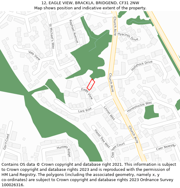 12, EAGLE VIEW, BRACKLA, BRIDGEND, CF31 2NW: Location map and indicative extent of plot