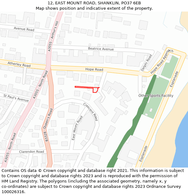 12, EAST MOUNT ROAD, SHANKLIN, PO37 6EB: Location map and indicative extent of plot