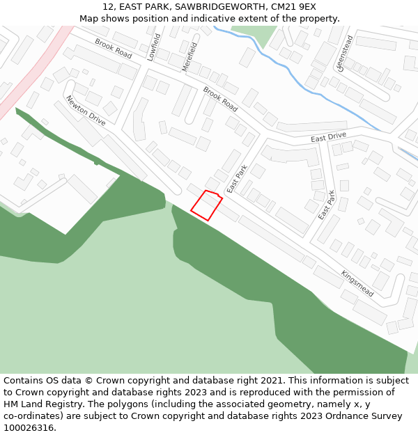 12, EAST PARK, SAWBRIDGEWORTH, CM21 9EX: Location map and indicative extent of plot