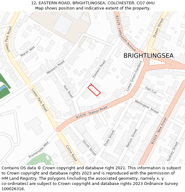 12, EASTERN ROAD, BRIGHTLINGSEA, COLCHESTER, CO7 0HU: Location map and indicative extent of plot