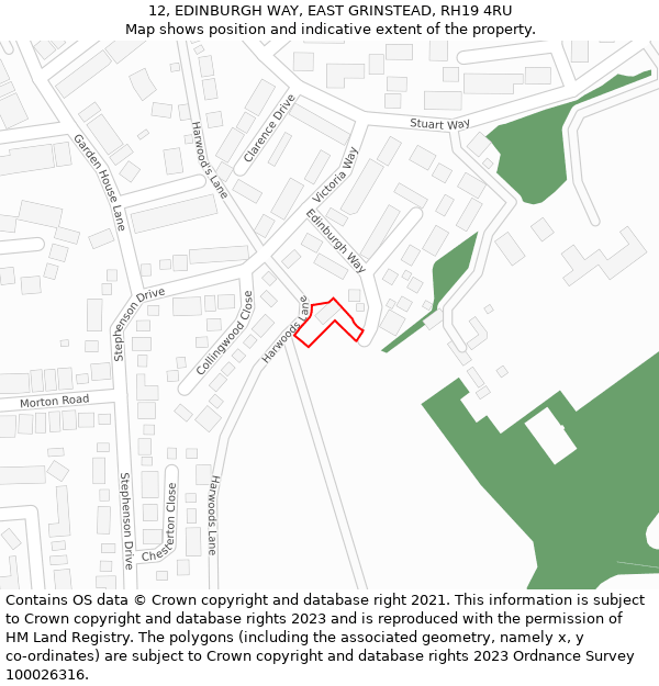 12, EDINBURGH WAY, EAST GRINSTEAD, RH19 4RU: Location map and indicative extent of plot