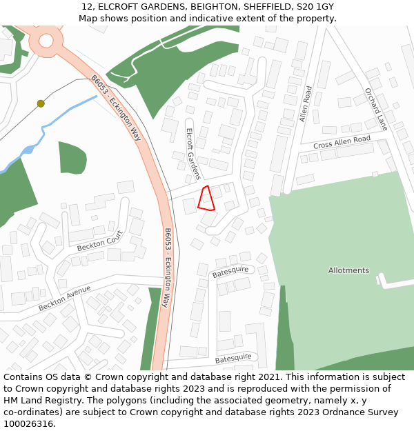 12, ELCROFT GARDENS, BEIGHTON, SHEFFIELD, S20 1GY: Location map and indicative extent of plot
