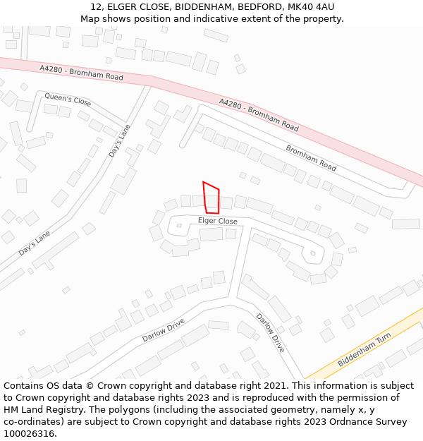 12, ELGER CLOSE, BIDDENHAM, BEDFORD, MK40 4AU: Location map and indicative extent of plot