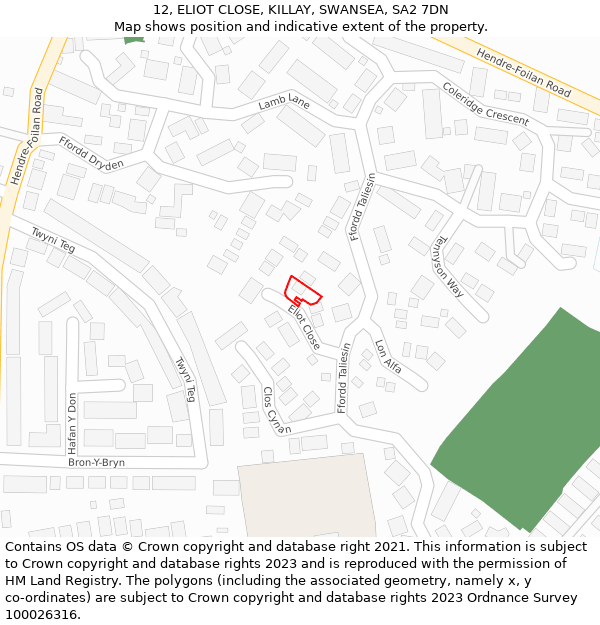 12, ELIOT CLOSE, KILLAY, SWANSEA, SA2 7DN: Location map and indicative extent of plot