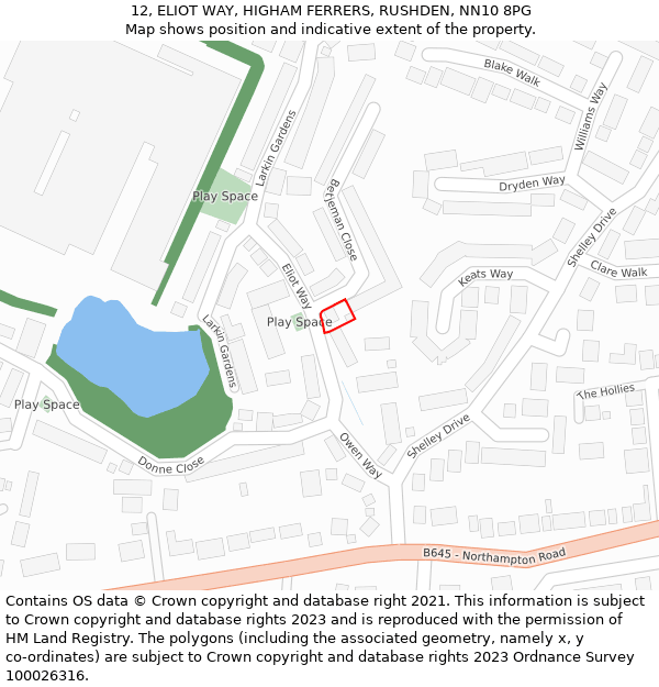 12, ELIOT WAY, HIGHAM FERRERS, RUSHDEN, NN10 8PG: Location map and indicative extent of plot