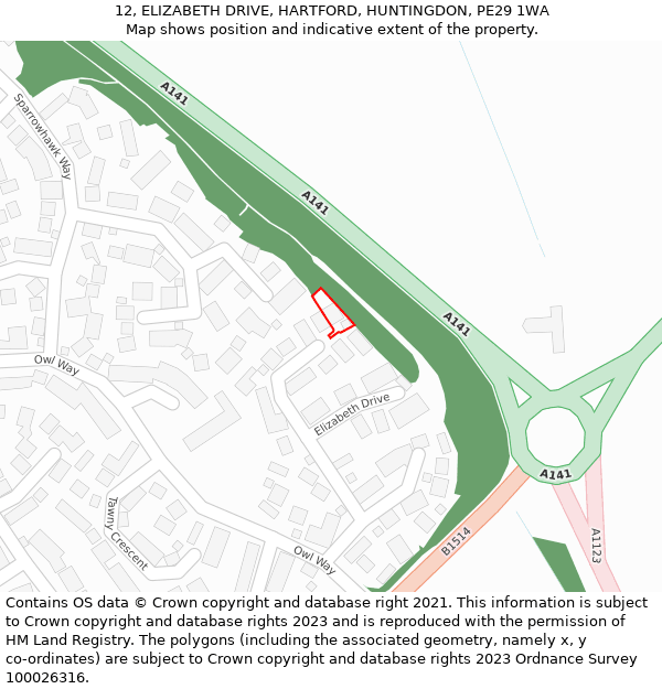 12, ELIZABETH DRIVE, HARTFORD, HUNTINGDON, PE29 1WA: Location map and indicative extent of plot