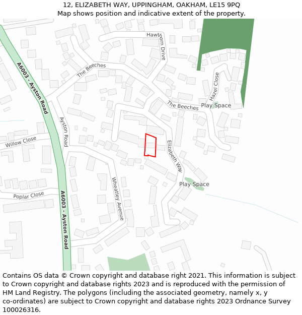 12, ELIZABETH WAY, UPPINGHAM, OAKHAM, LE15 9PQ: Location map and indicative extent of plot