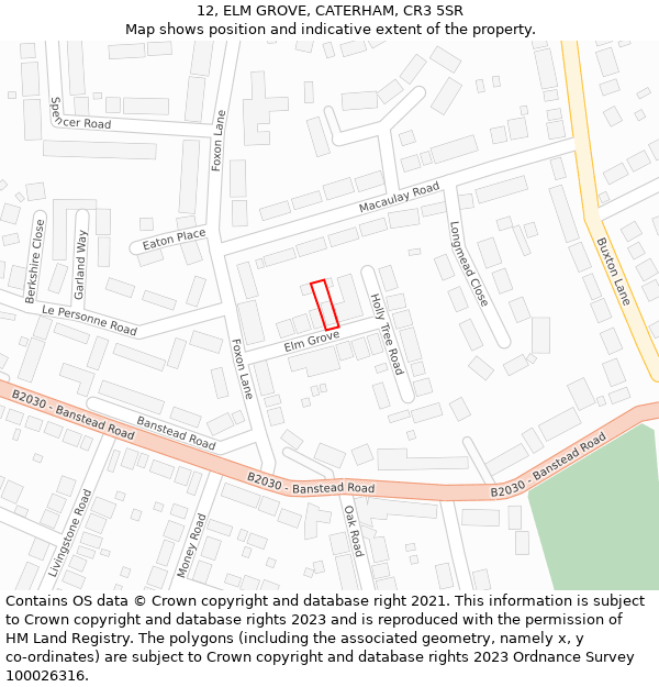 12, ELM GROVE, CATERHAM, CR3 5SR: Location map and indicative extent of plot